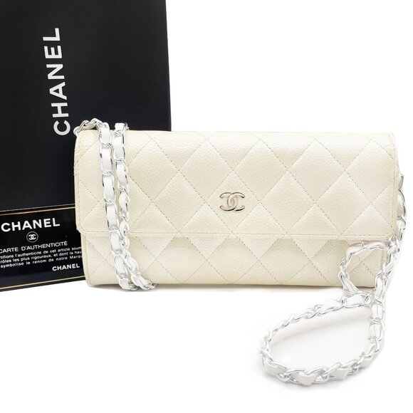 Authentic CHANEL CC Classic Timeless Caviar Flap Wallet on Chain Purse White Bag - Picture 1 of 15